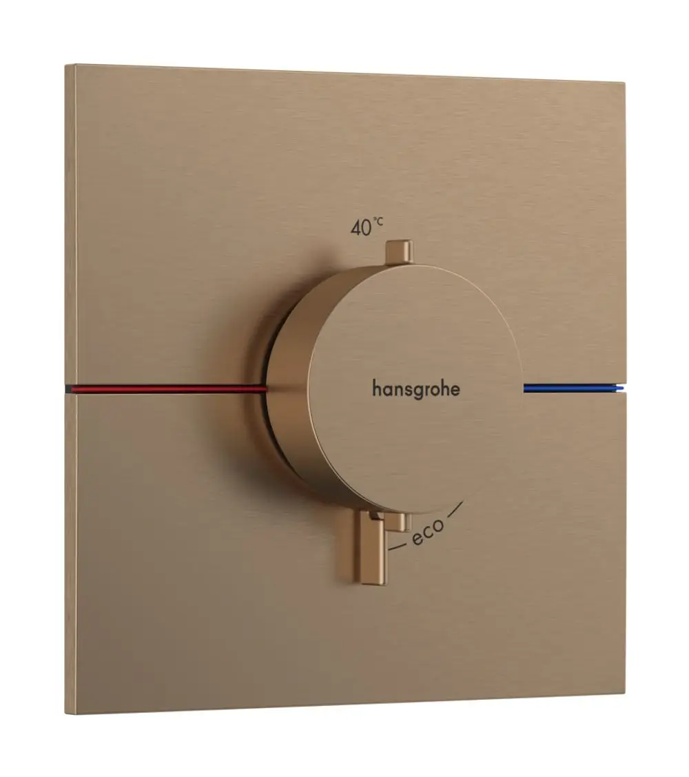 Thermostatsteuerung in gebürstetem Bronze-Finish von Hansgrohe mit einer zentralen Drehknopfsteuerung und Temperaturanzeige bis 40°C, Eco-Funktion und farbigen Temperaturindikatoren.